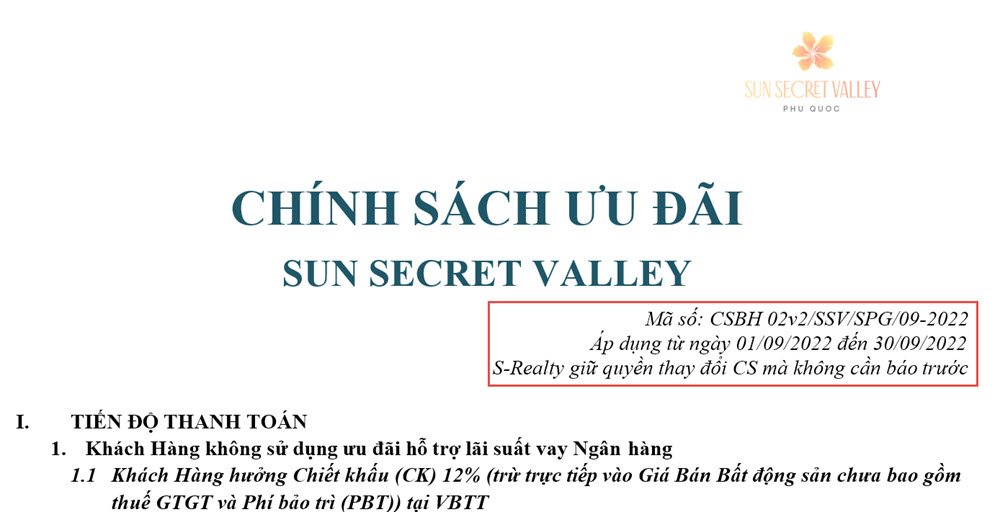 Chính sách bán hàng dự án Sun Secret Valley Tháng 9/2022