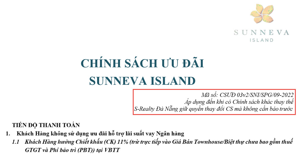 Chính sách Sunneva Island Đà Nẵng T9/2022