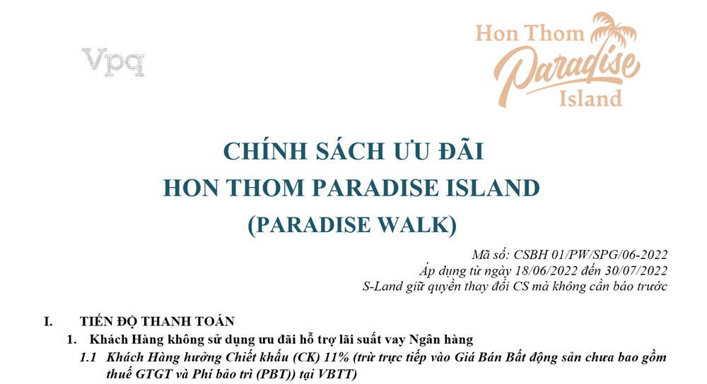 Chính sách ưu đãi Paradise Walk - Hon Thom Paradise Island