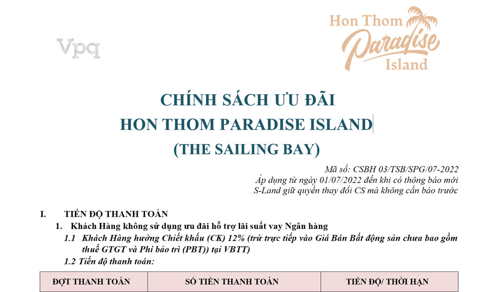 Chính sách ưu đãi Hon Thom Paradise Island - The Sailing Bay