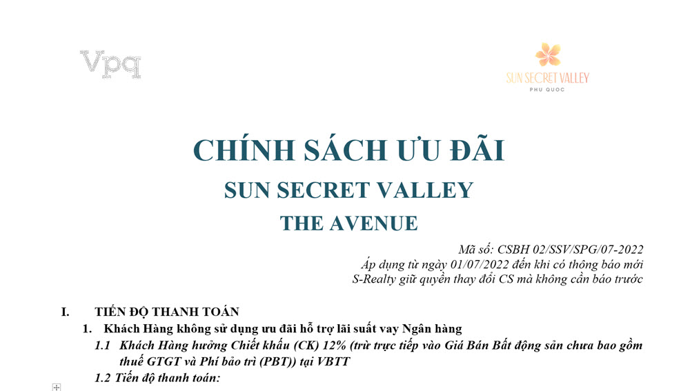 Chính sách ưu đãi Sun Secret Valley - The Avenue
