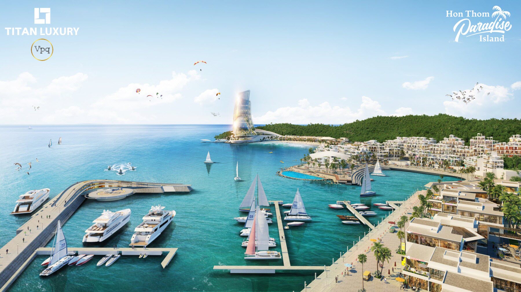 Từ vịnh du thuyền The Marina sẽ ngắm được toàn cảnh Sun Iconic Hub Hon Thom Paradise Island