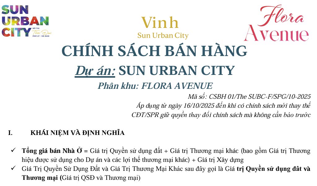 Sun Urban City | Chính sách bán hàng Flora Avenue T10/2025