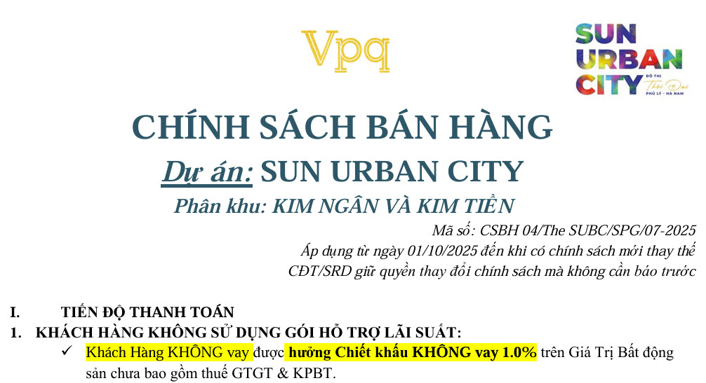 Sun Urban City | Chính sách bán hàng phân khu Kim Ngân - Kim Tiền T10/2025