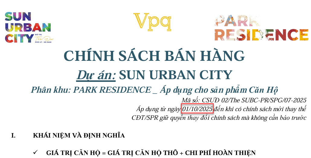 Park Residence | Chính sách bán hàng Park Residence tháng 10/2025