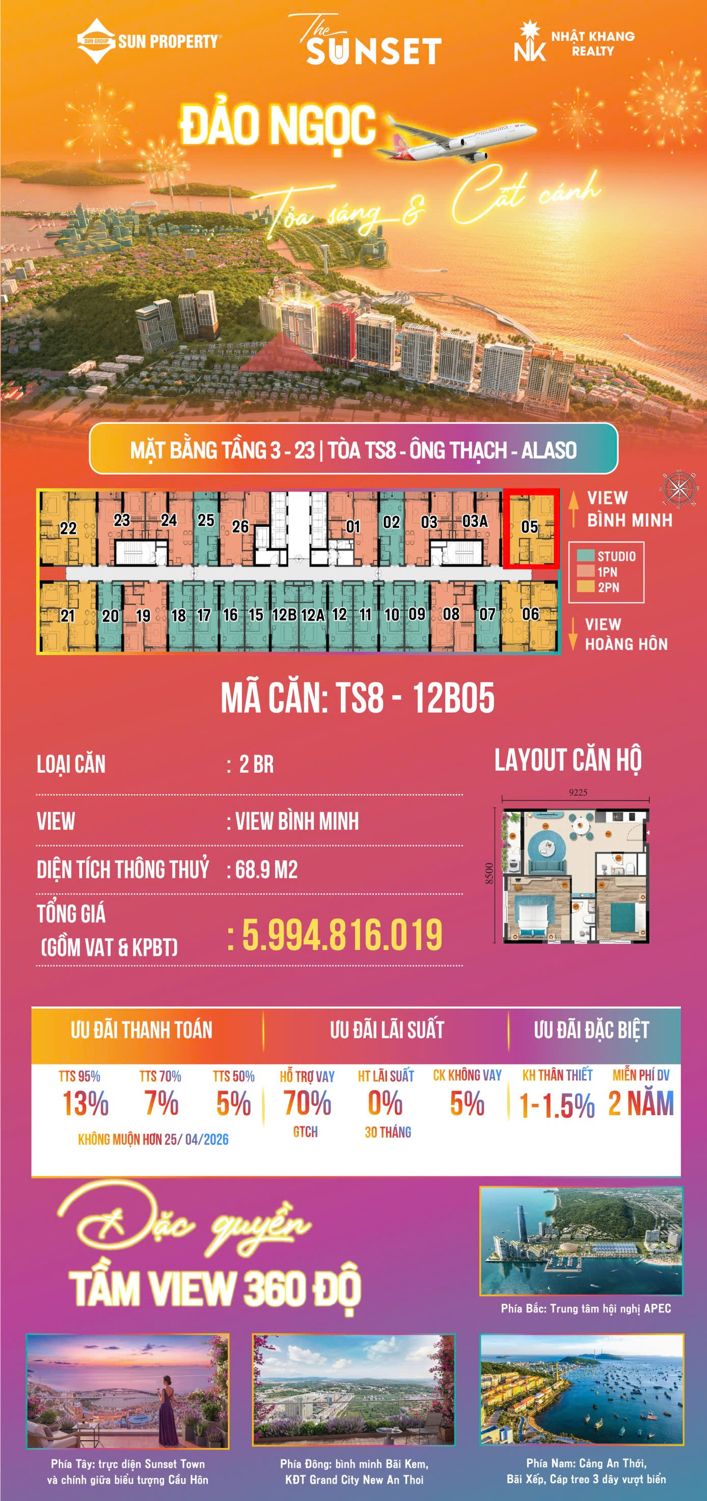 Căn hộ 2 ngủ The Sunset view bình minh