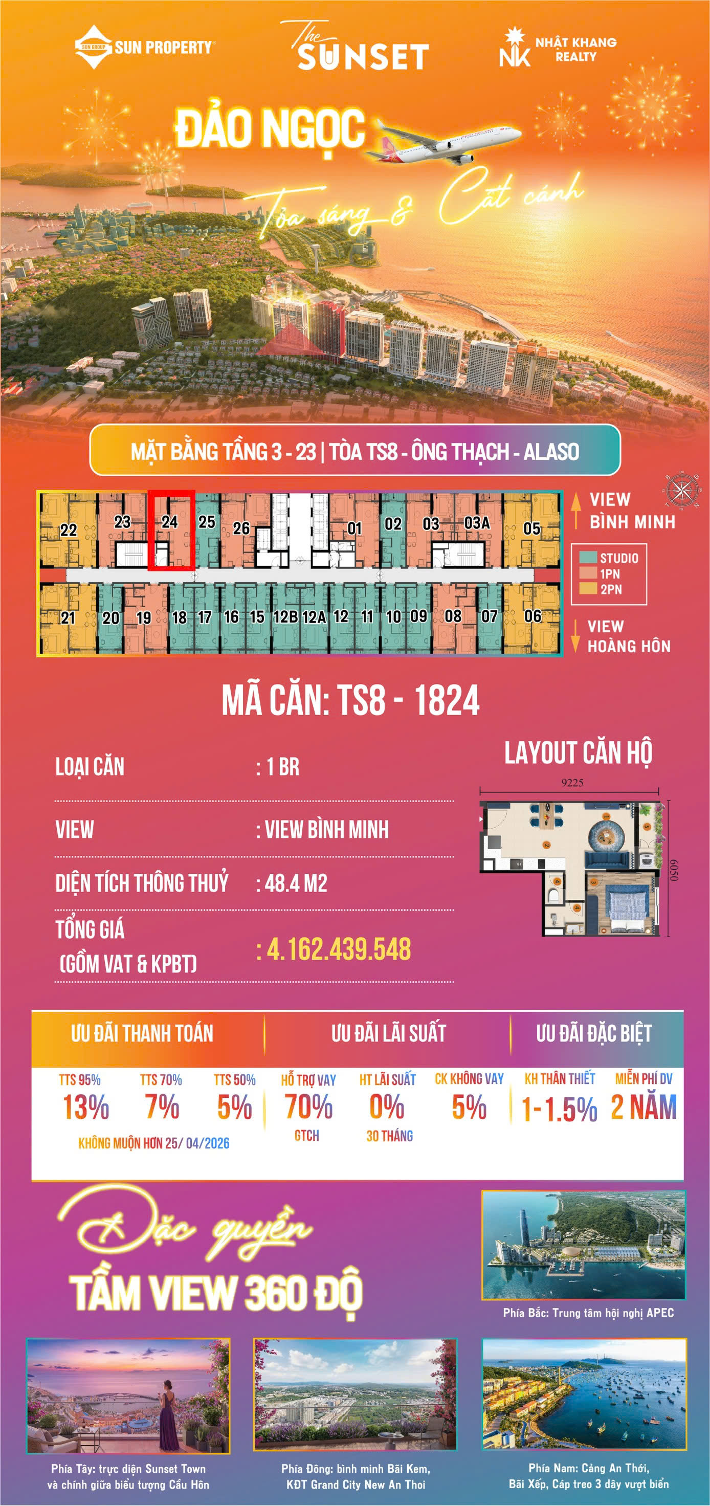 Căn hộ 1 phòng ngủ The Sunset view bình minh