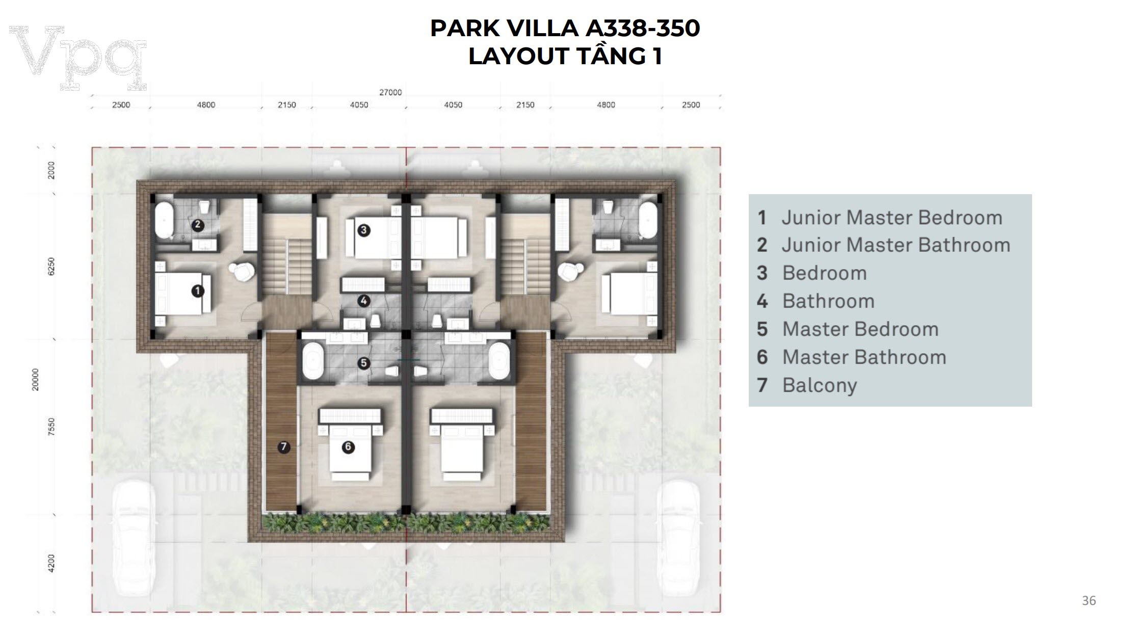 Layout phòng Park Villa A338-A350 tầng 1