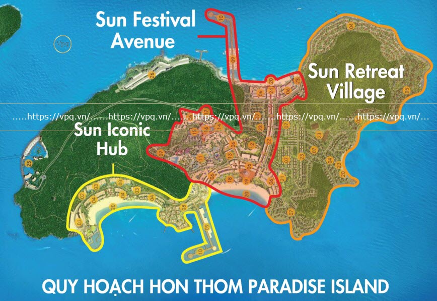 Quy hoạch Hon Thom Paradise Island với 3 hợp phần: Sun Iconic Hub, Sun Festival Vanue, Sun Retreat Village