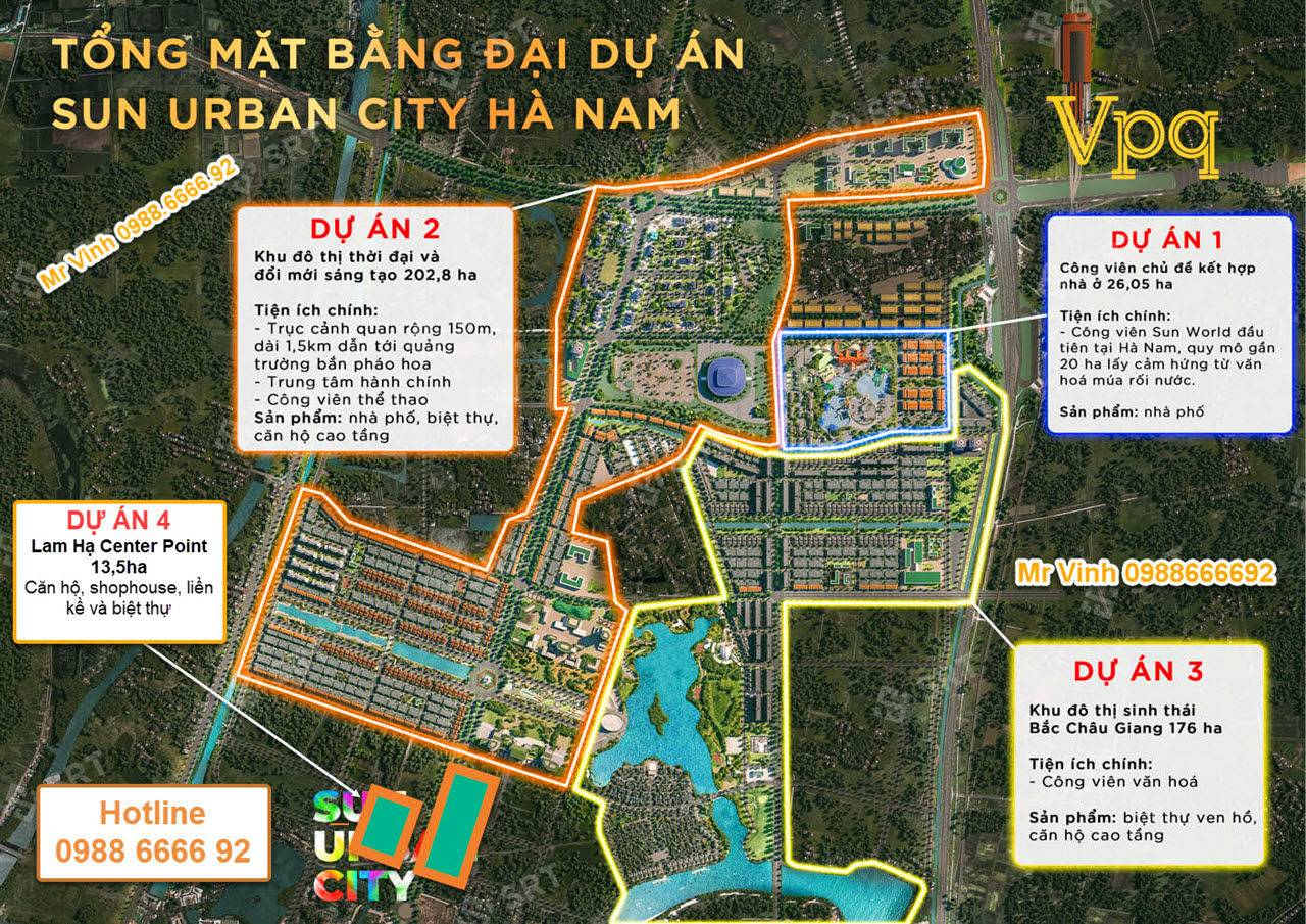Mặt bằng tổng thể chi tiết 4 dự án cấu tạo nên Sun Urban City