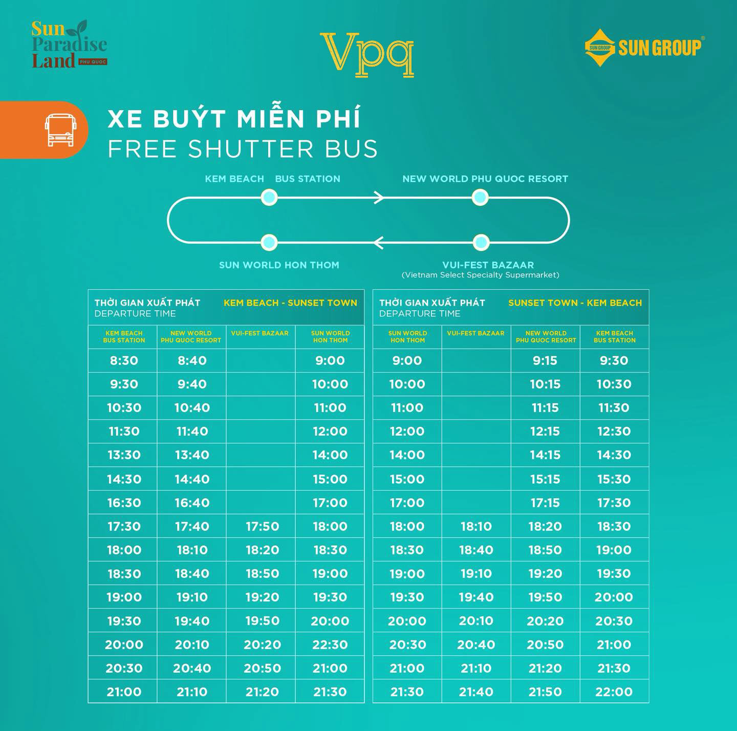 Lịch trình xe buýt Sun Group đón khách từ các khu nghỉ dưỡng Sun Group tới Sun World Hon Thom