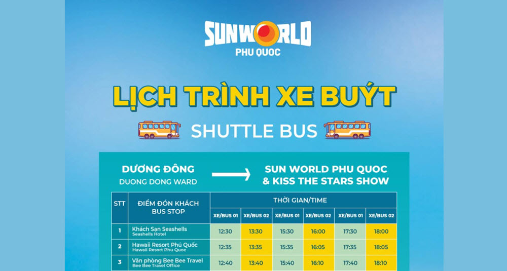 Lịch trình xe BUÝT (Bus) Sun World Phu Quoc và Kiss The Stars Show