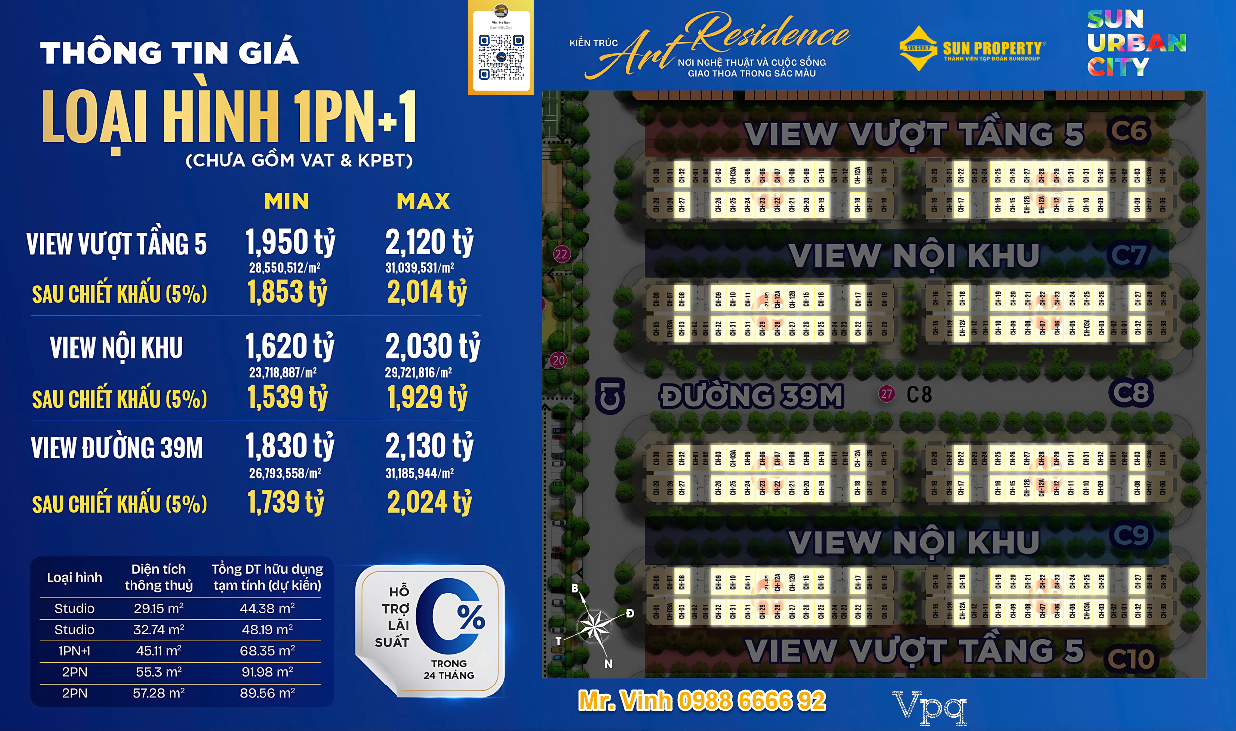 Giá căn hộ 1 ngủ Sun Urban City Hà Nam