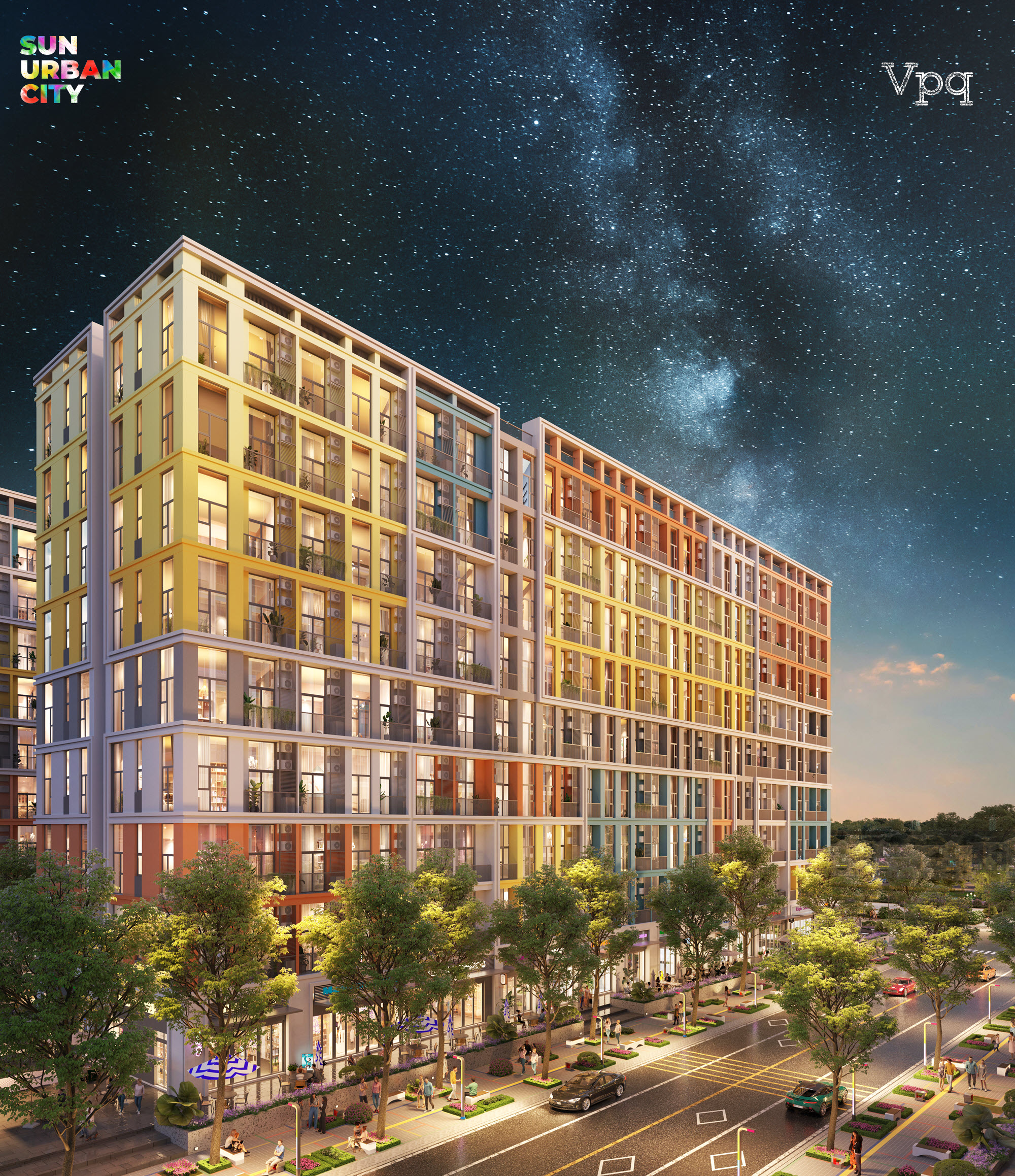 Phối cảnh căn hộ Art Residence trên bầu trời đêm đô thị Sun Urban City