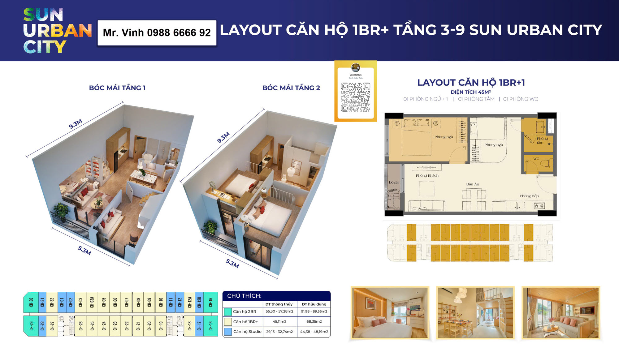 Layout điển hình căn hộ 1BR - Art Residence từ tầng 3-9