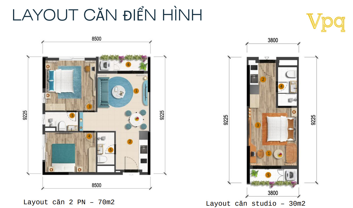 Layout căn hộ The Sunset 2 phòng ngủ và studio