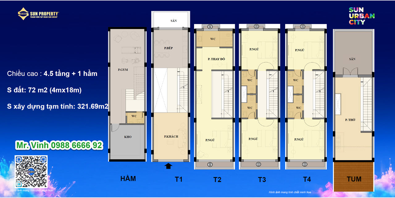 Layout điển hình Townhouse 4m xây cao 4.5 tầng