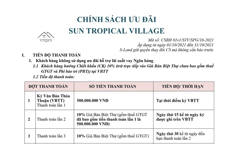Chính sách bán hàng biệt thự Sun Tropical Village