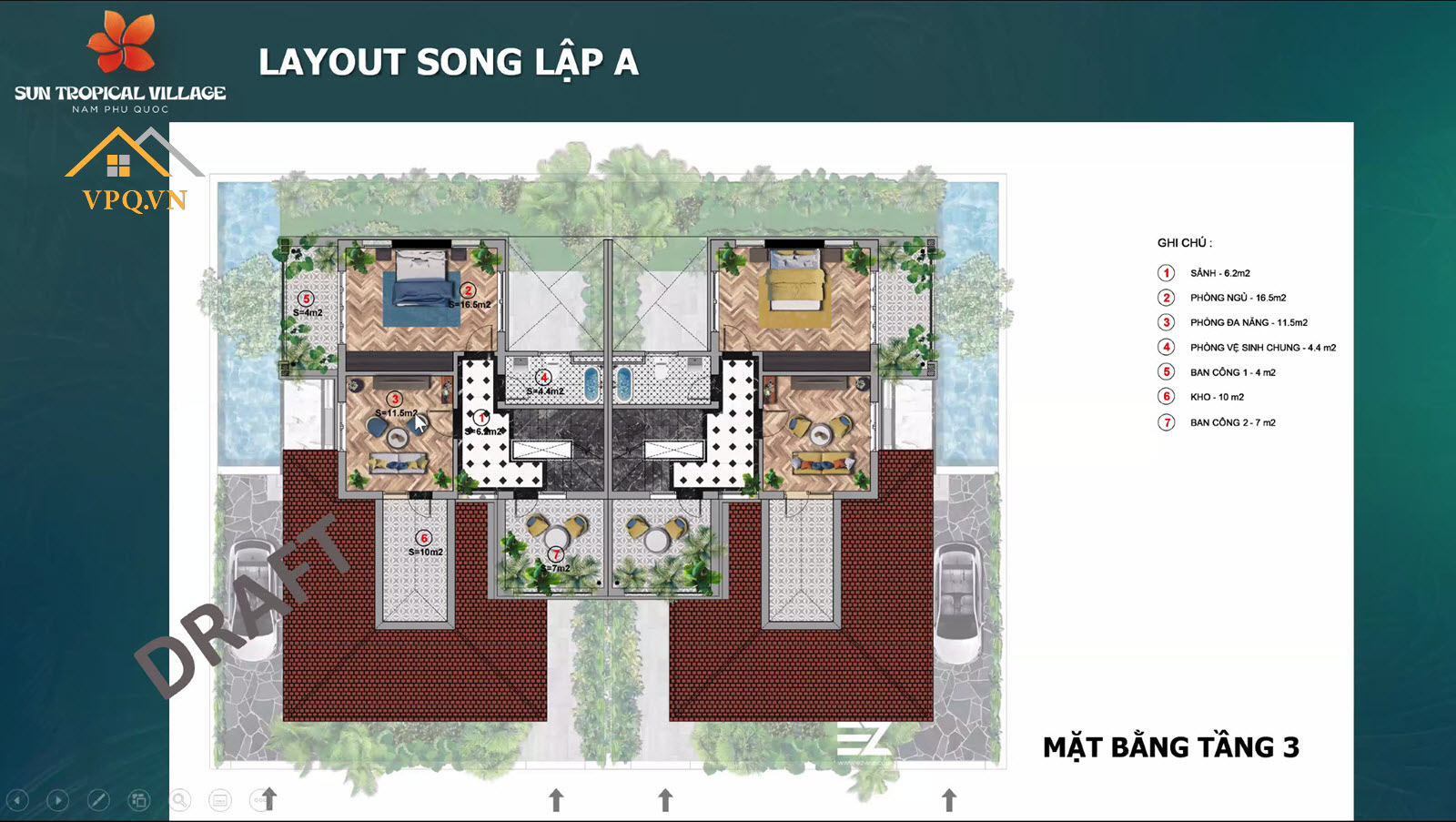 Thiết kế Layout tầng 3 biệt thự song lập A Sun Tropical Village