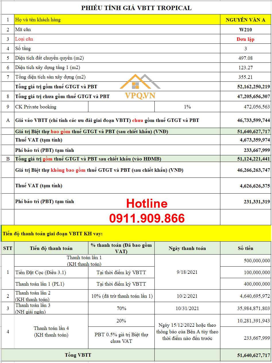 Phiếu tính giá VBTT W210 Sun Tropical Village - Sử dụng ưu đãi vay vốn ngân hàng