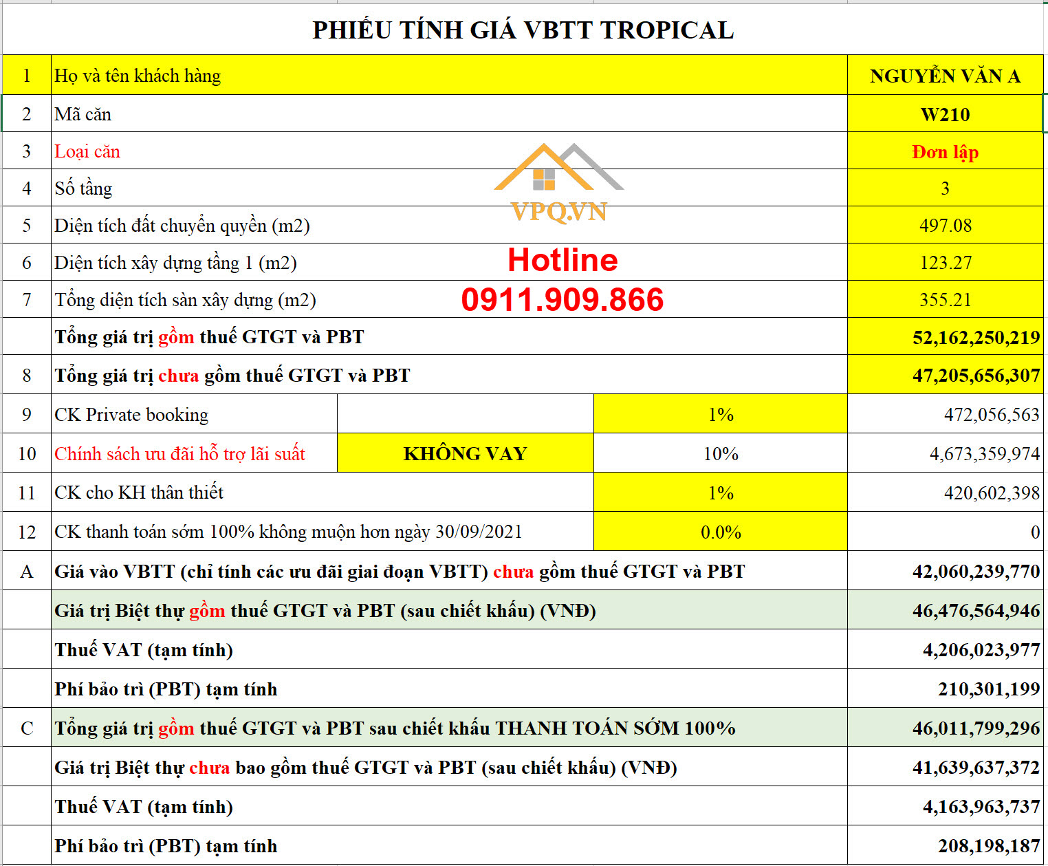 Phiếu tính giá VBTT W210 Sun Tropical Village