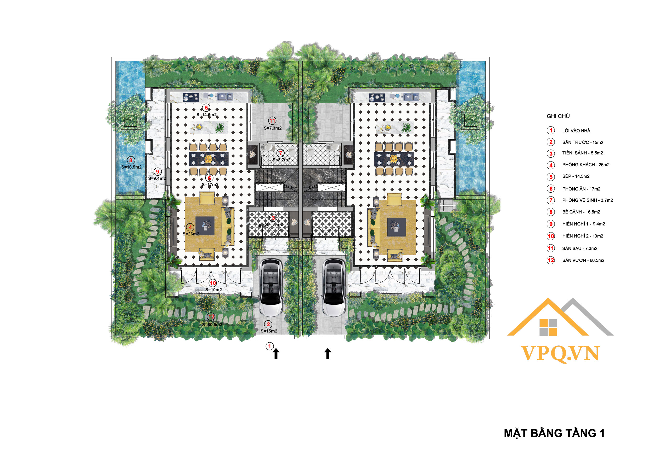 Layout tầng 1 biệt thự song lập A - Sun Tropical Village
