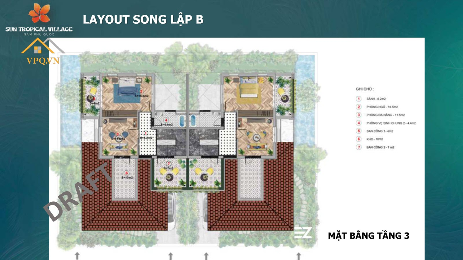 Thiết kế Layout tầng 3 biệt thự song lập B Sun Tropical Village