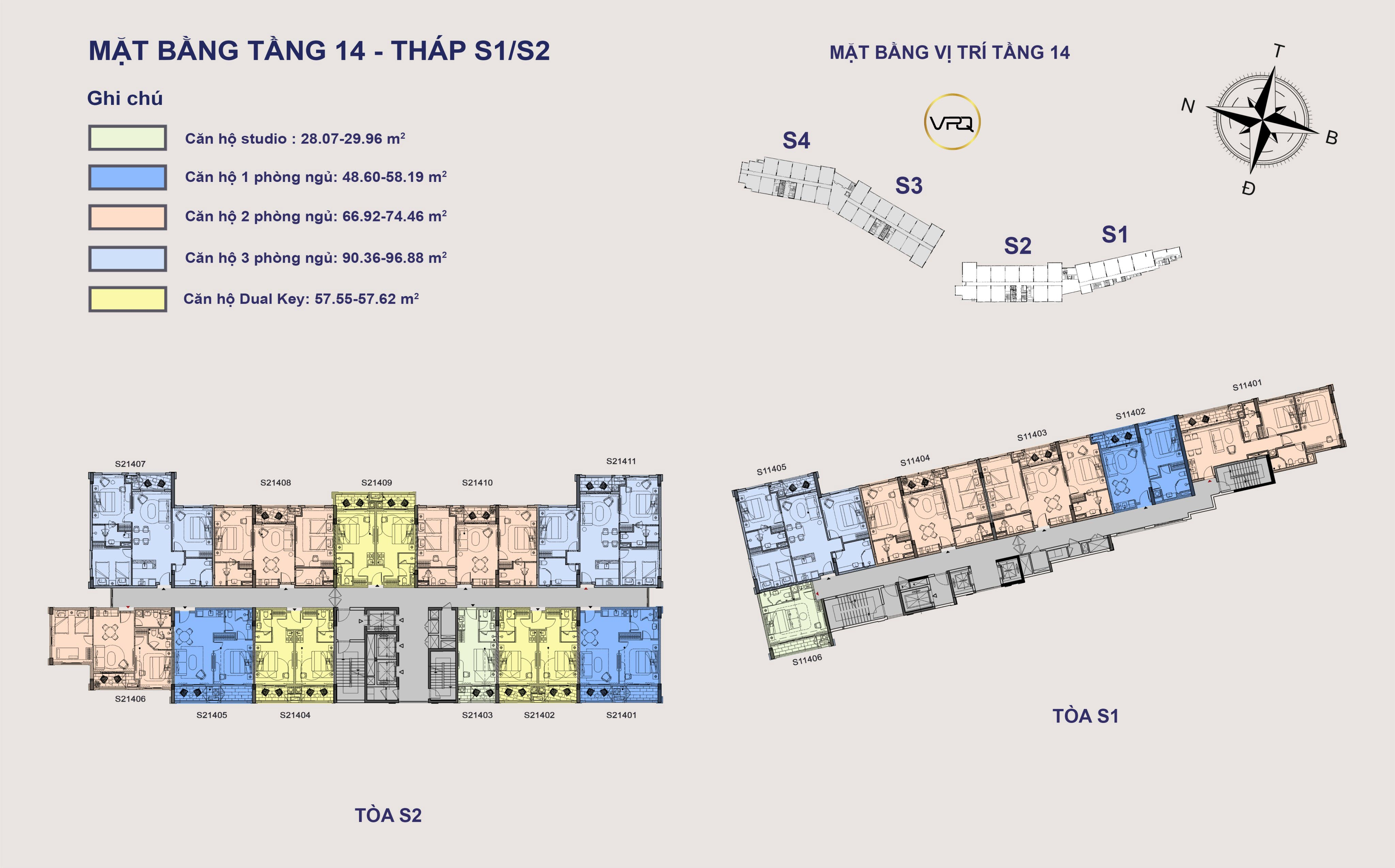 Layout mặt bằng tầng 14 The Sea Hillside tháp S1/S2