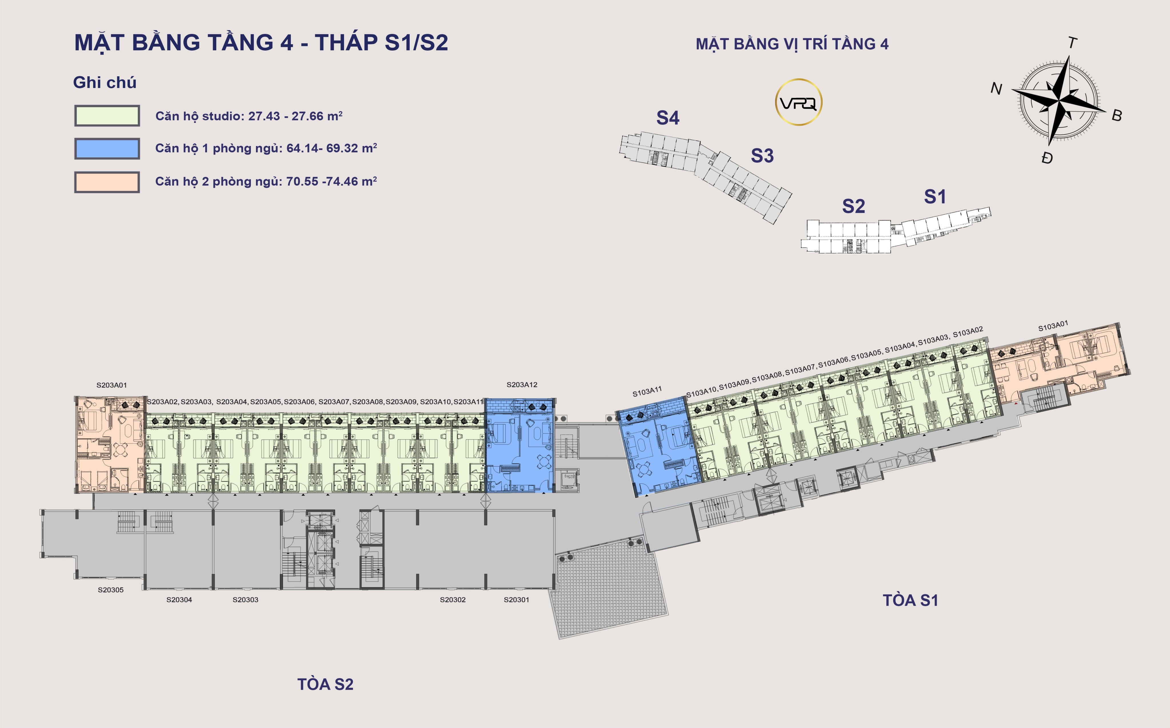 Layout mặt bằng tầng 4 The Sea Hillside tháp S1/S2