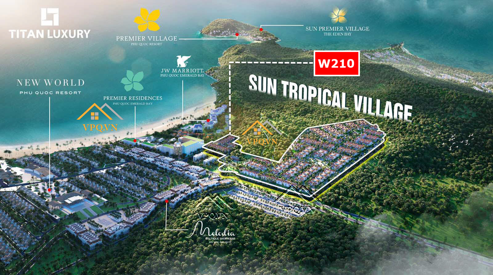 Biệt thự đơn lập W210 Sun Tropical Village trong phối cảnh tổng thể dự án hướng bãi Kem