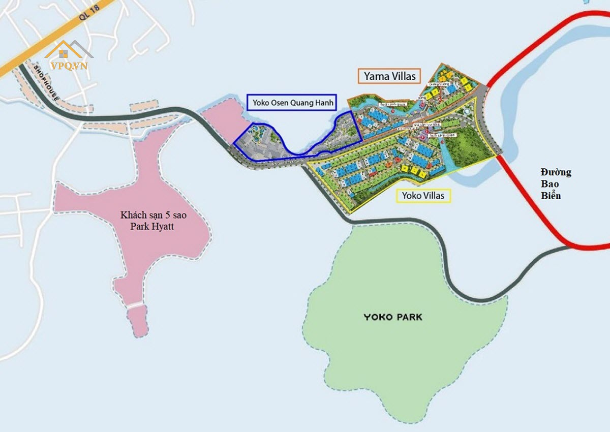 Vị trí dự án Biệt thự khoáng nóng Quang Hanh với 3 phân khu: Yoko Onsen, Yoko Villas, Yama Villas