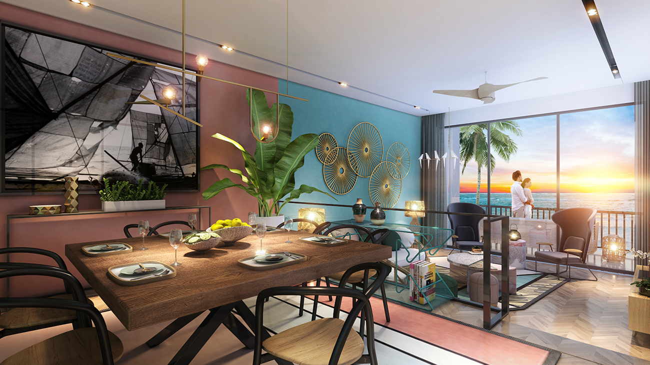 Phối cảnh phòng ăn và phòng khách với gam màu nhiệt đới